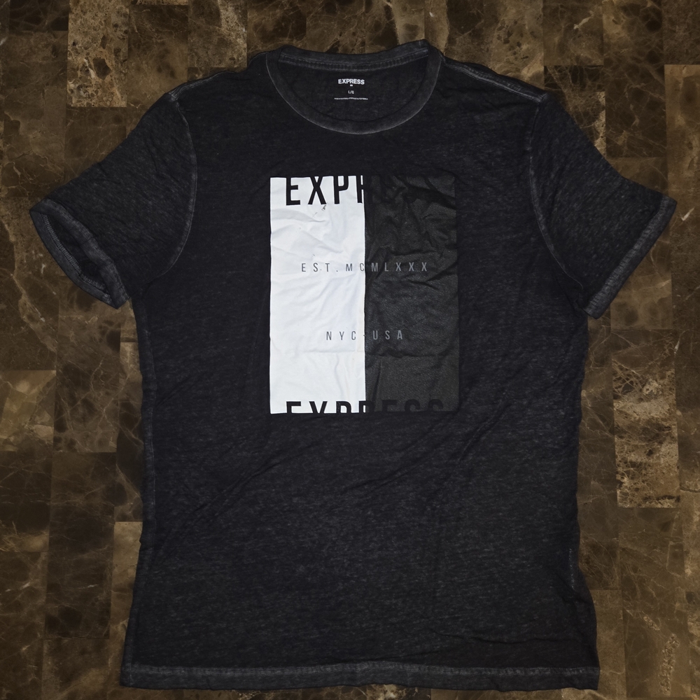 Express Men's Charcoal and Black Graphic Tee